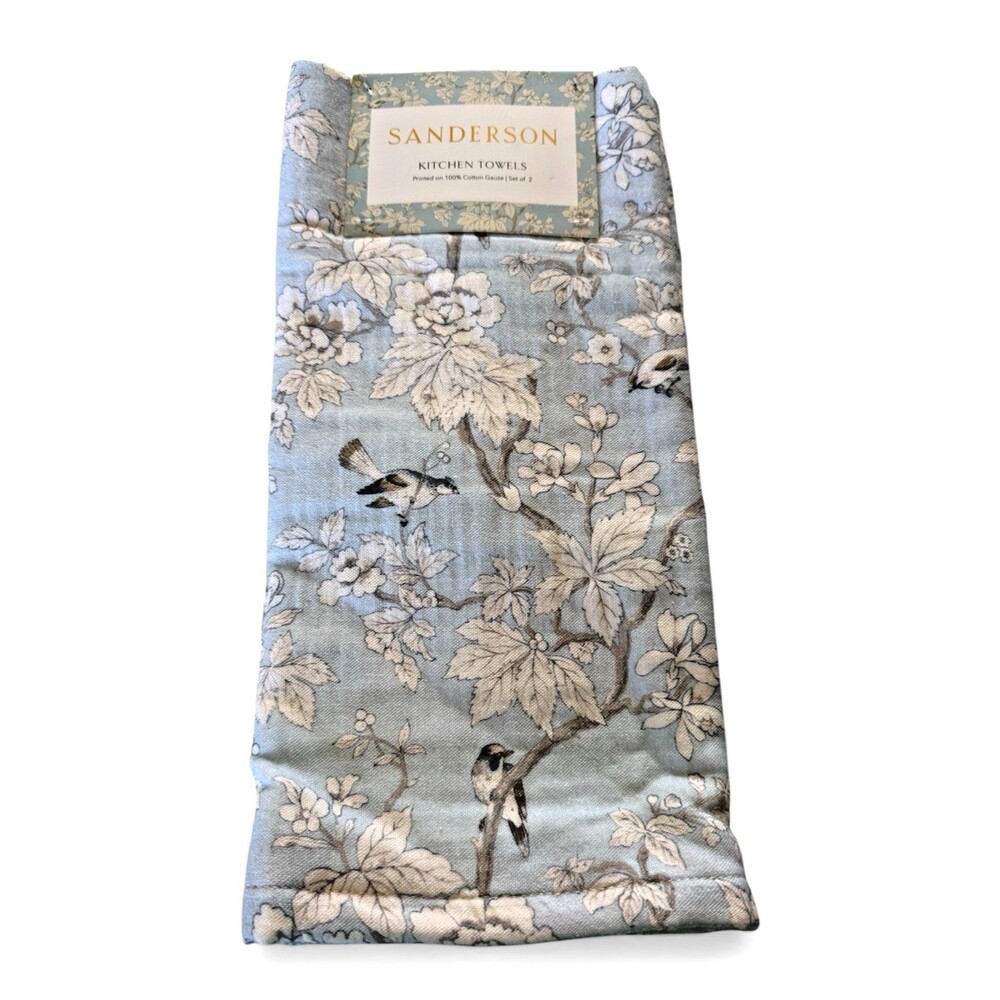 Sanderson Dish Towels Cotton Gauze Chiswick Grove Blue Floral Birds Set of 2